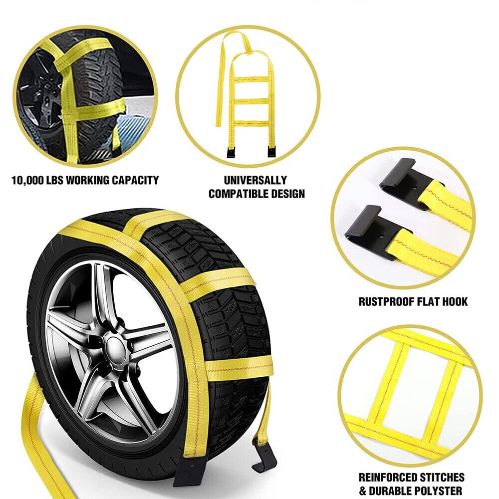 Carbole 2Pcs Car Tire Basket Straps, Adjustable Tire Tow Straps Wheel Net Tow Dolly with Flat Hook, Yellow