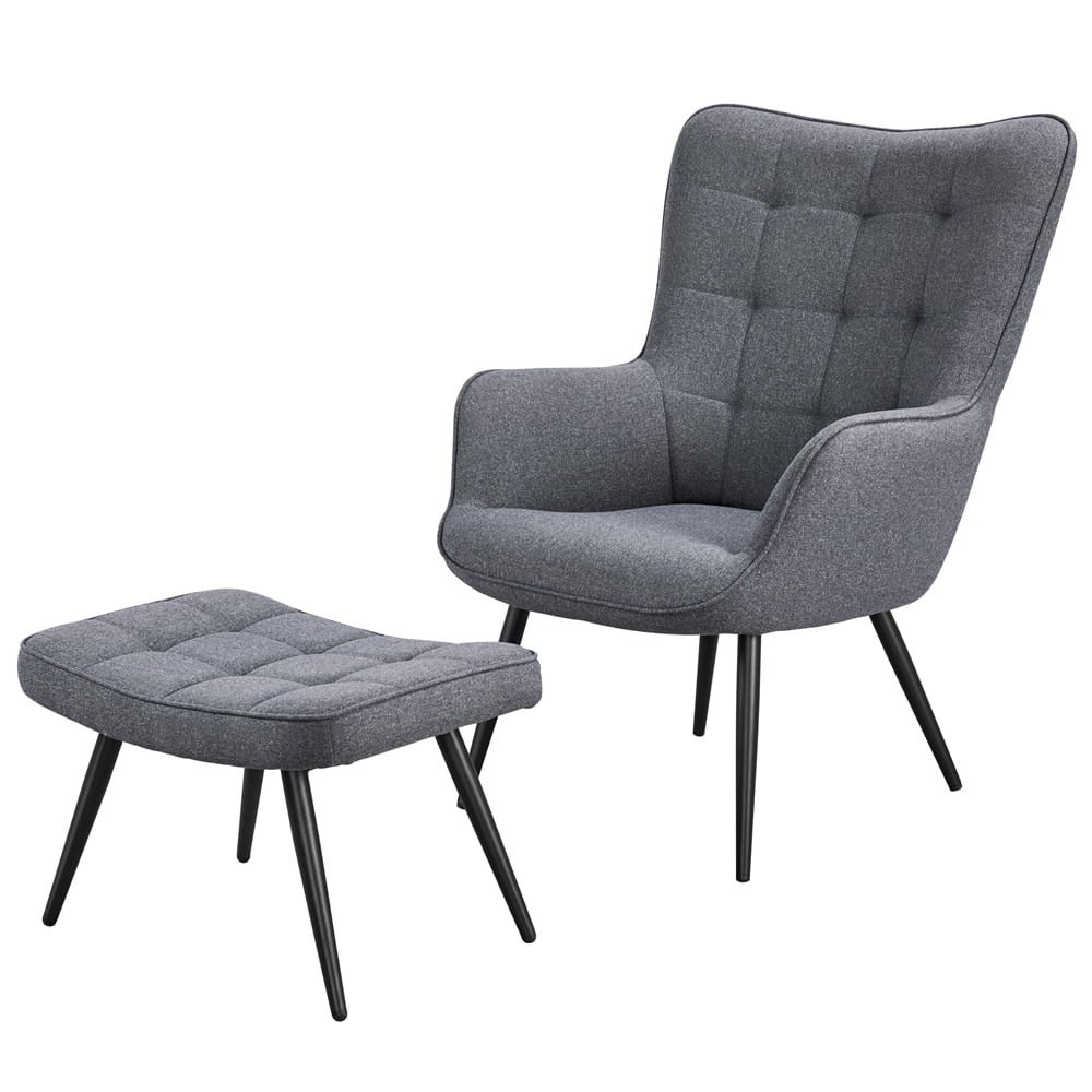 Easyfashion Mid-Century Modern Fabric Wingback Accent Chair with Ottoman, Set of 2, Gray