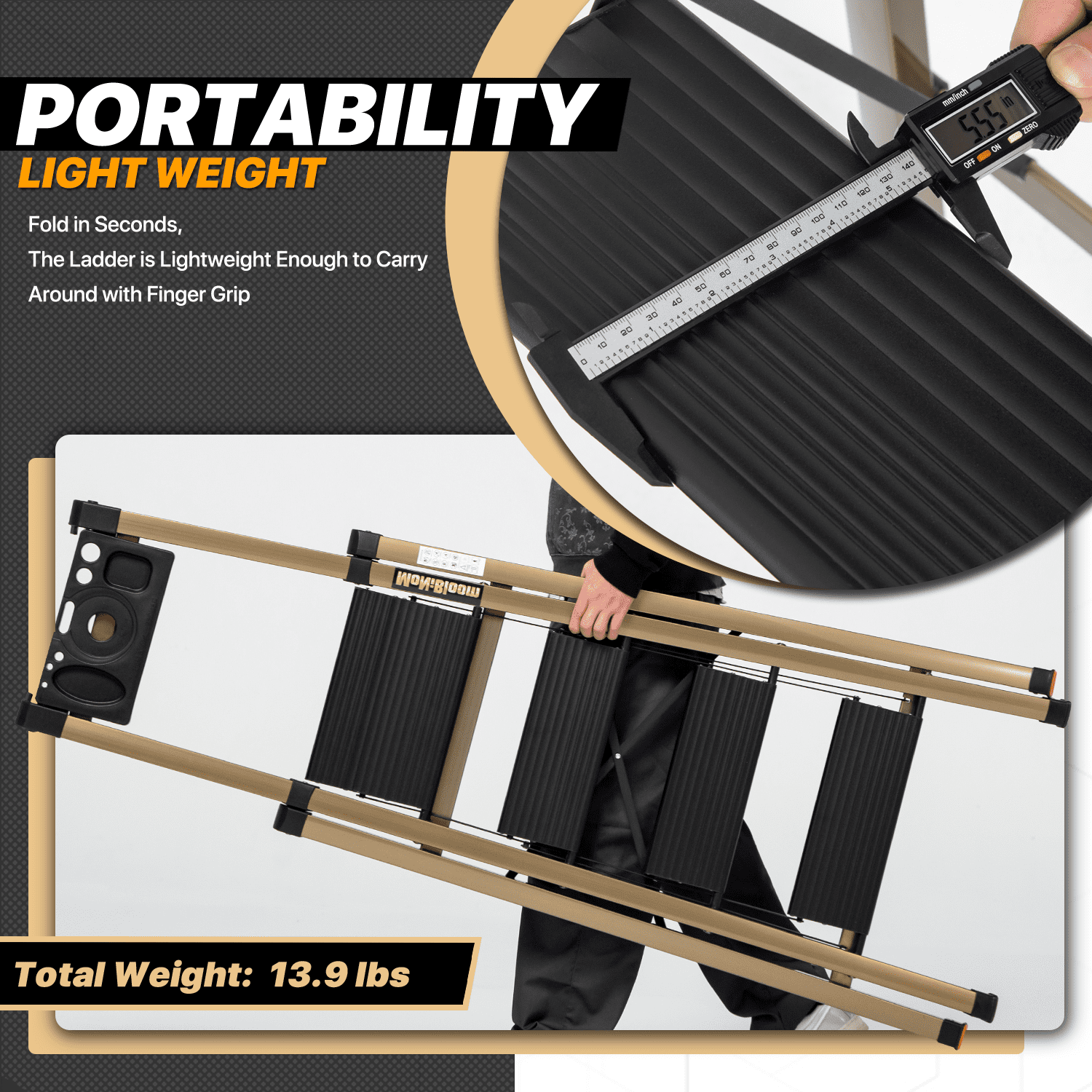 MoNiBloom 4 Step Ladder Folding Stool Heavy Duty 331Lbs Capacity Industrial Lightweight, Black/Gold