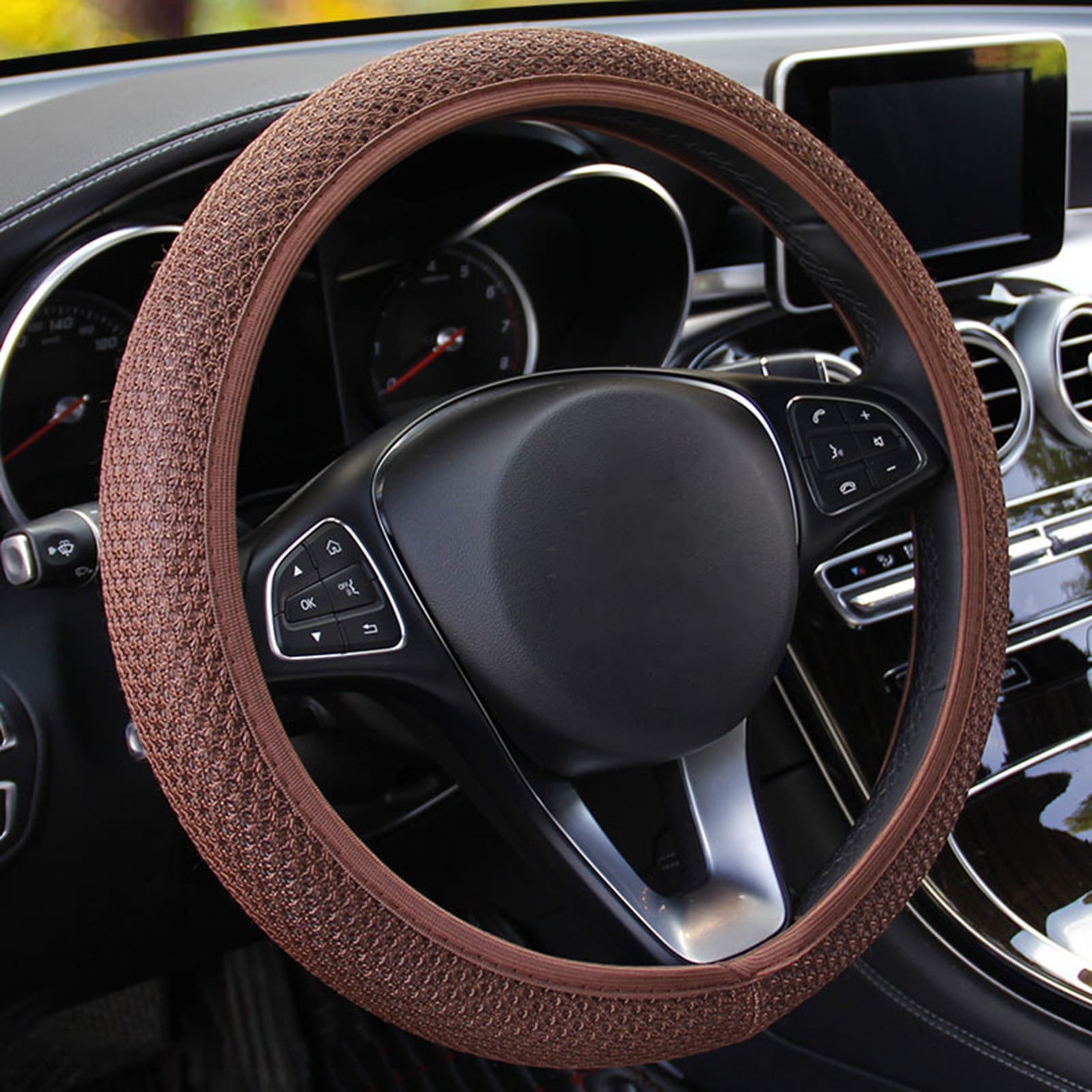 Happy Date Universal Vehicle Steering Wheel Cover, Ice Silk Breathable Microfiber Non-Slip, Warm in Winter and Cool in Summer, Steering Wheel Cover for Men and Women
