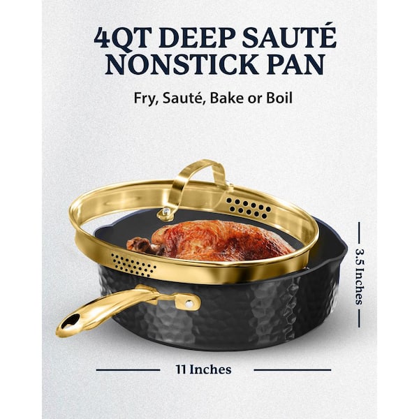 Charleston Collection 4 qt. Aluminum Hammered Nonstick Deep Saute Pan with Strainer Glass Lid in Black