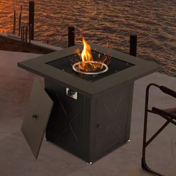 24.5 in. Black Square Metal Propane Fire Pit Table with Volcanic Stone and ETL-Certified