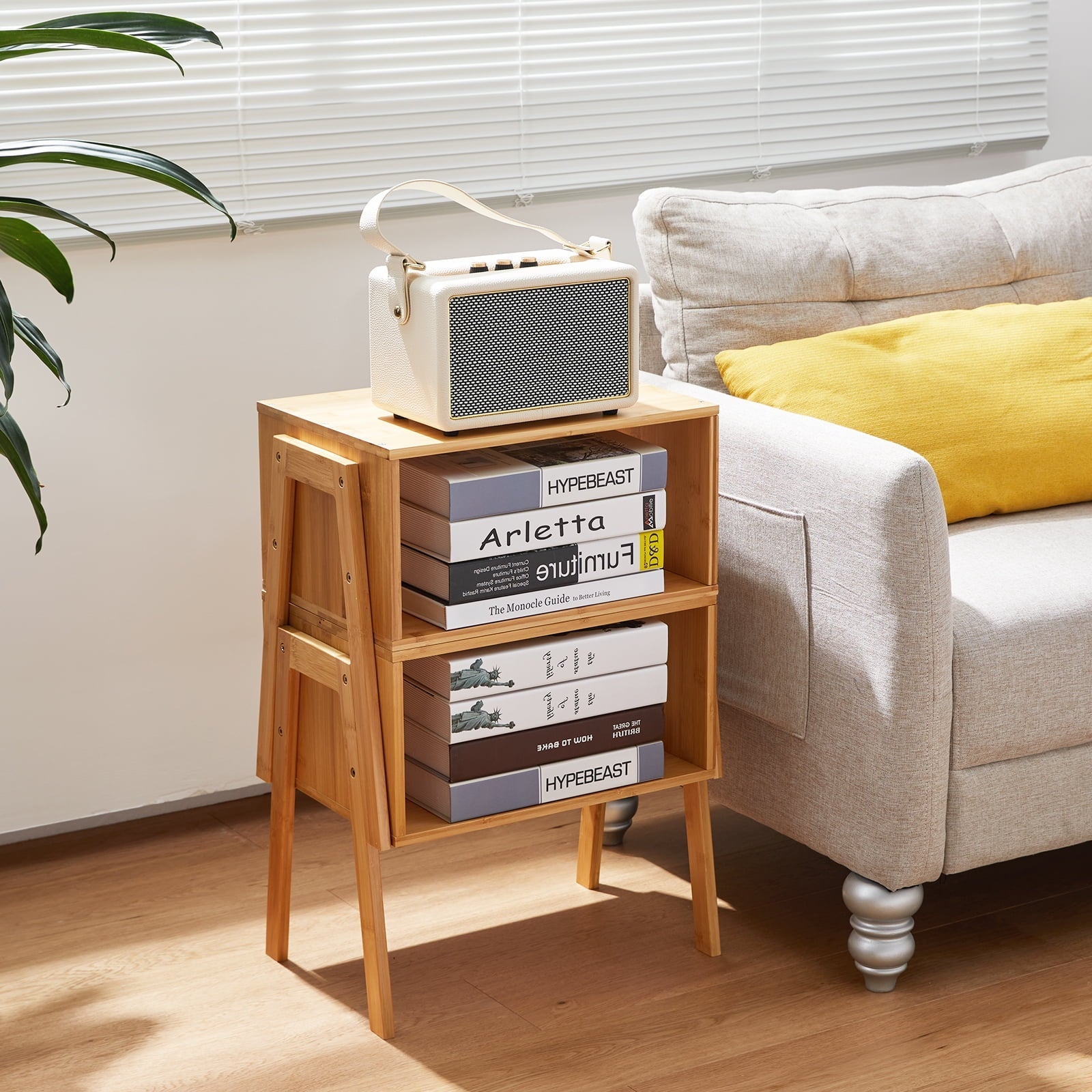 2-Pack Square Bamboo Stackable End Tables Bedside Table Nightstand with Storage Shelf for Bedroom Livingroom