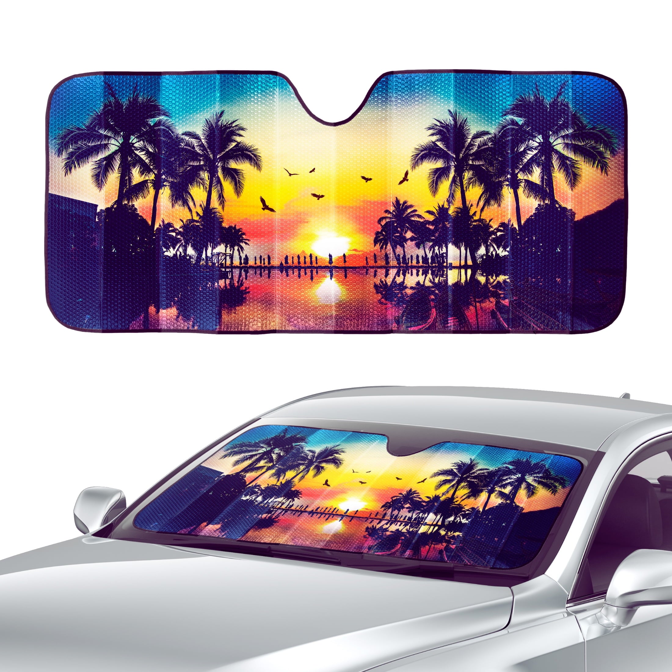 Auto Drive Tropical Windshield Accordion Sunshade for Models Sedan SUV Hatchback Liftback etc, 63'' x 28.5''