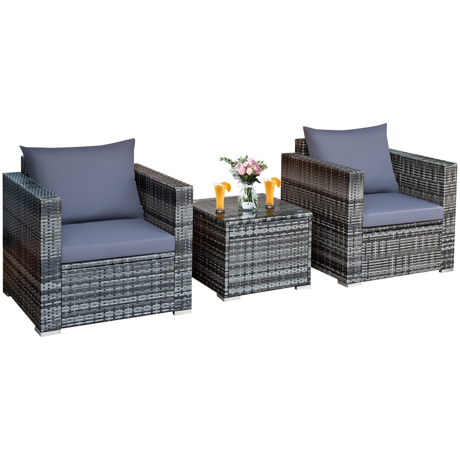 Patiojoy 3-Piece Patio Wicker Conversation Set Bistro Rattan Sofa Chair with Washable Cushion Mix Gray & Red
