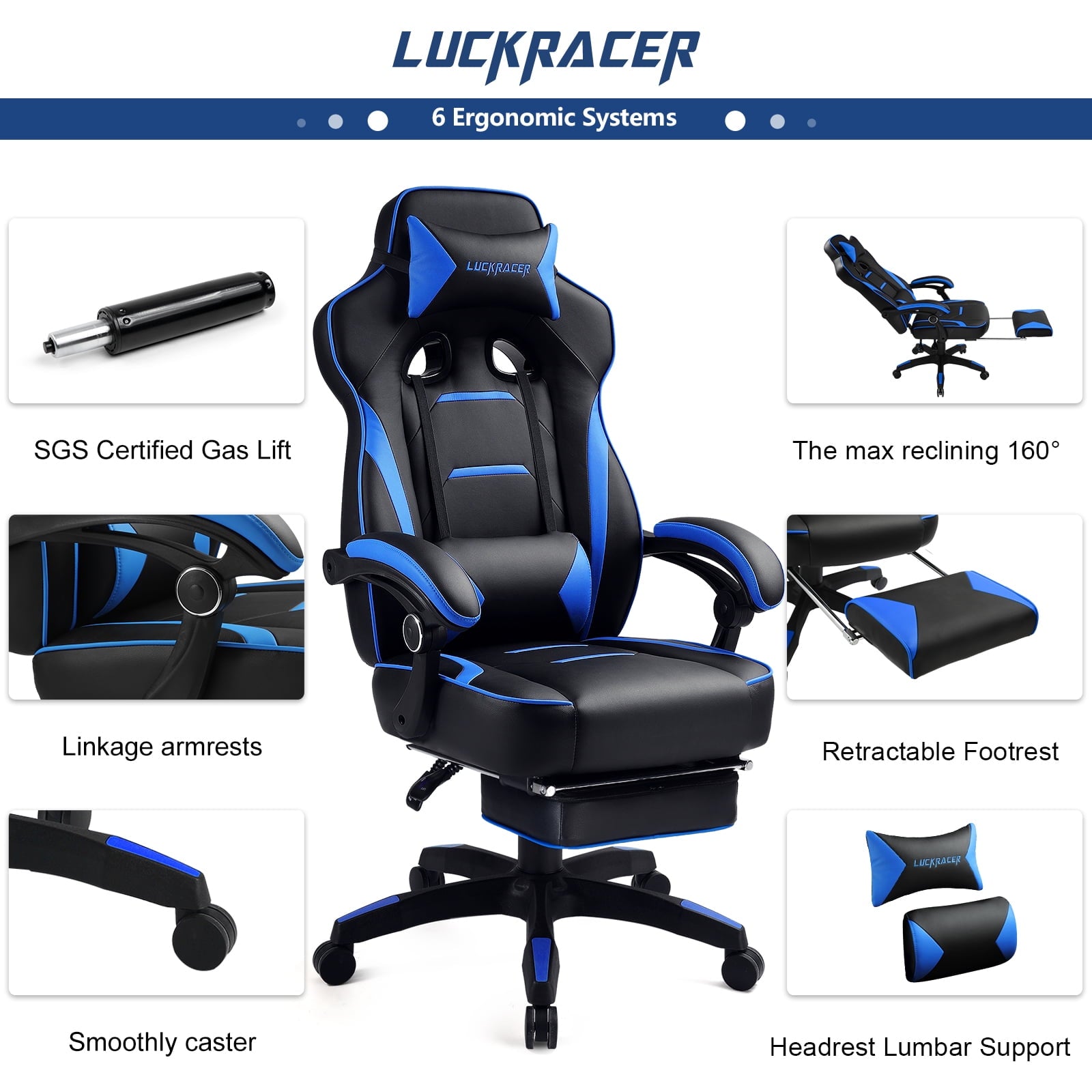 Luckracer Gaming Chair in Home with Footrest PU Office PC Chair, Blue