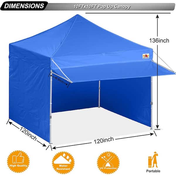 10 ft. x 10 ft. Blue Commercial Instant Shade Pop Up Canopy Tent with Sidewall Panel and Awning