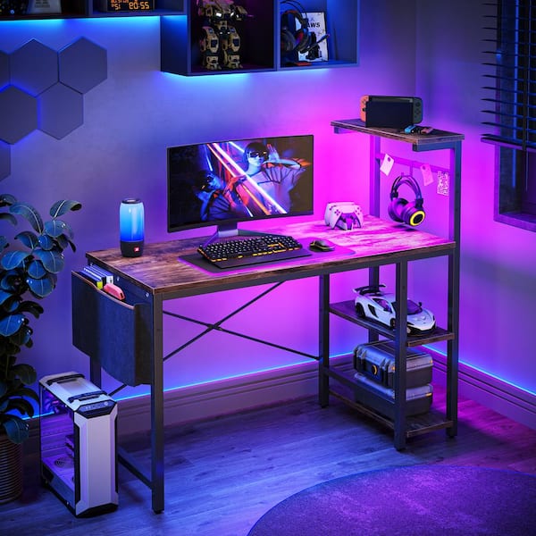 44 in. Rustic Brown Computer Desk with LED Lights