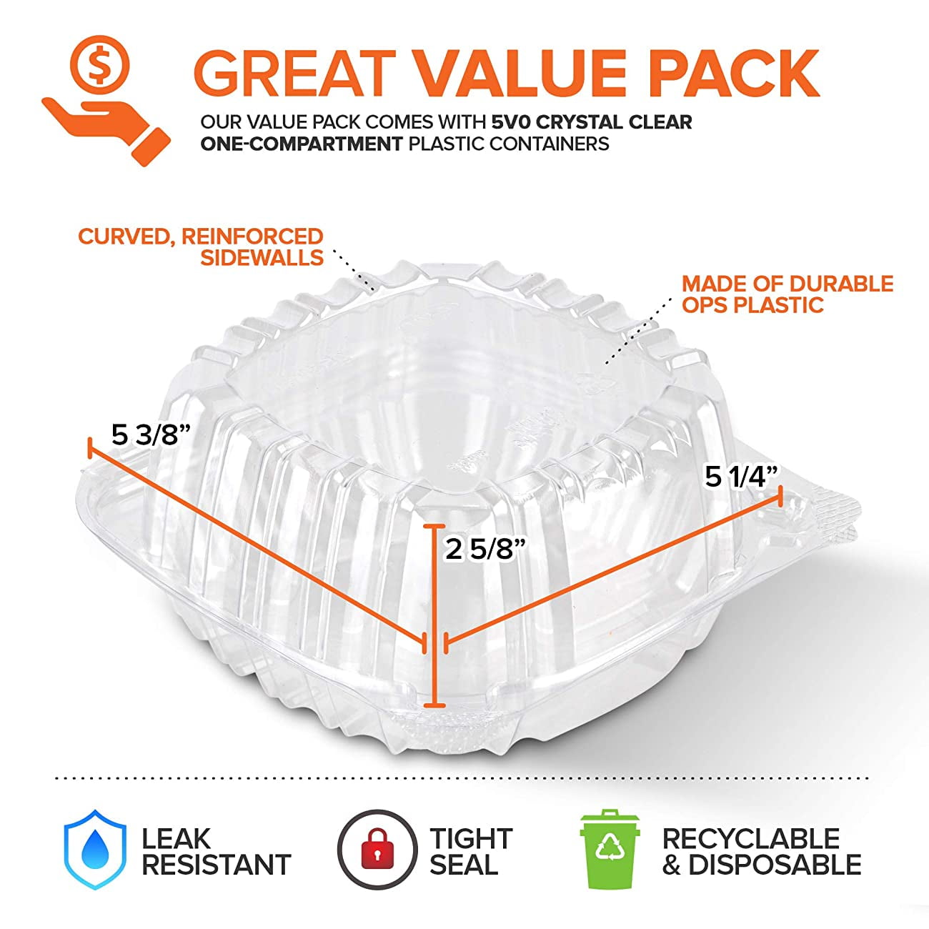 Stock Your Home Plastic 5 x 5 Inch Clamshell Takeout Tray (50 Count) - Dessert Containers - Plastic Hinged Food Container