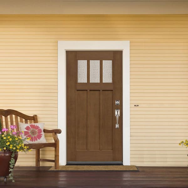 36 in. x 80 in. Medium Oak Left-Hand Inswing 3 Lite Water Wave Craftsman Stained Fiberglass Prehung Front Door