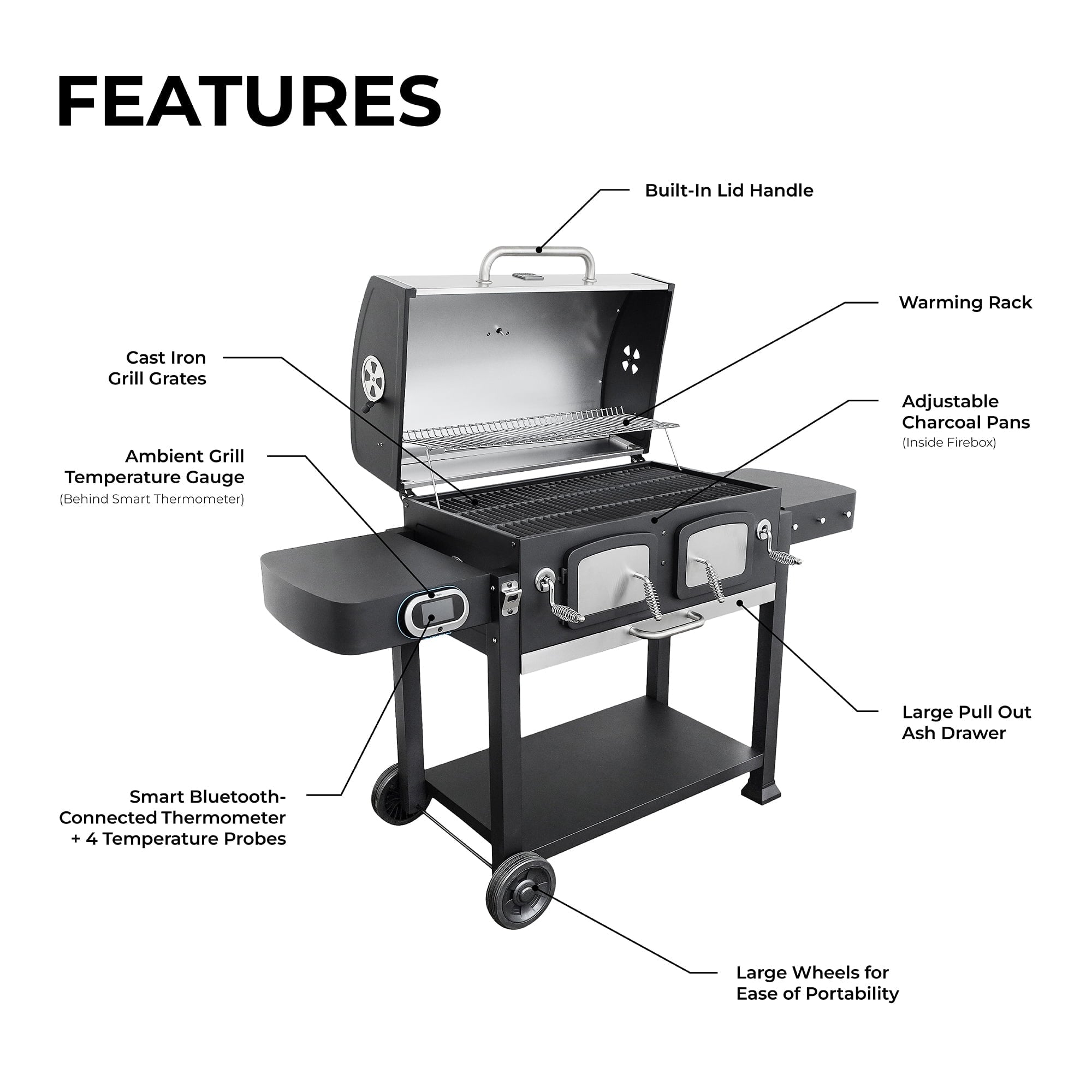 32-inch Smart Charcoal Grill with Bluetooth Meat Thermometer, LCD Display, and Temperature Probes, Stainless Steel/Black