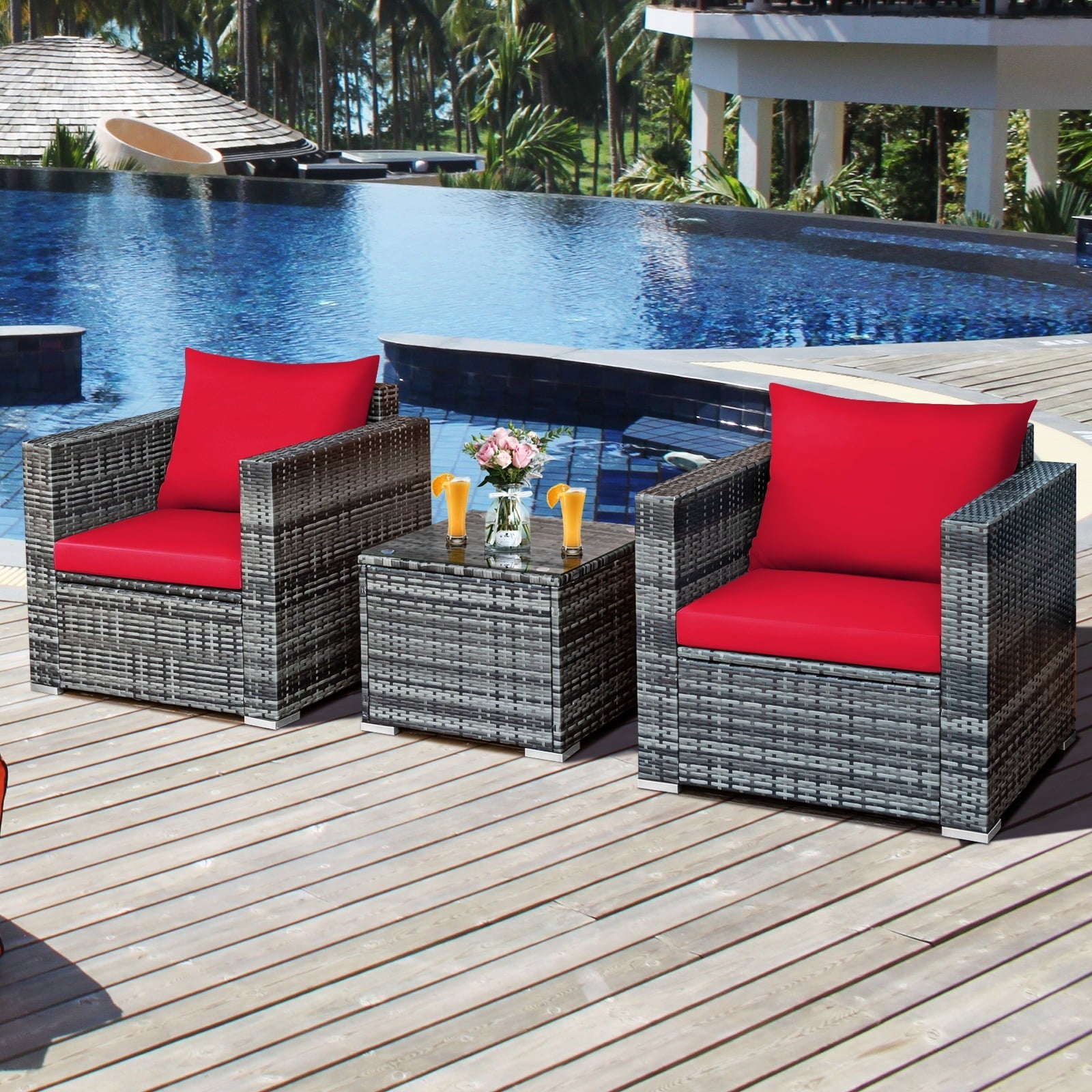 Patiojoy 3-Piece Patio Wicker Conversation Set Bistro Rattan Sofa Chair with Washable Cushion Mix Gray & Red