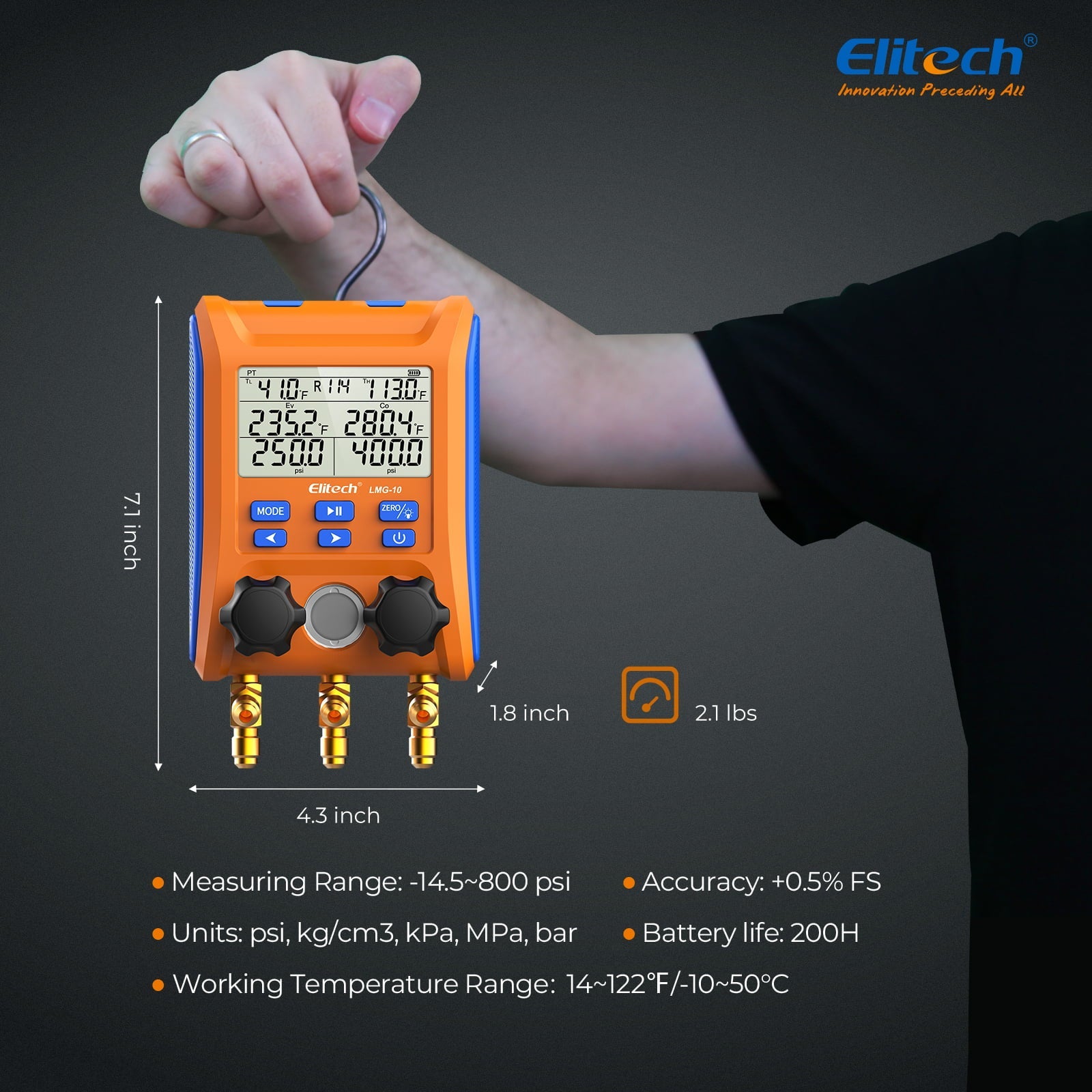 Elitech Digital Manifold Gauge HVAC 2-Way Valve with Thermometer Clamps