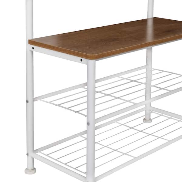 White / Walnut Entryway Hall Tree with Bench and Shoe Storage