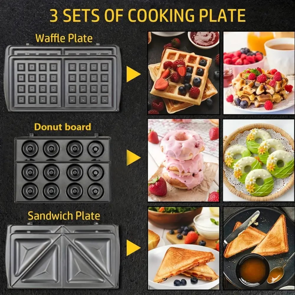 3 in 1 Electric Sandwich Maker, Panini Press Grill and Waffle Iron Set with Removable Non-Stick Plates, Perfect for Cooking Grilled Cheese, Tuna Melts, Burgers, Steaks and Snacks, Black