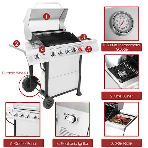 5-Burner Propane Gas Grill in Stainless Steel with Sear Burner and Side Burner