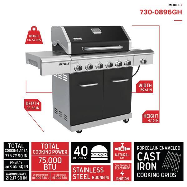 Deluxe 6-Burner Natural Gas Grill in Black with Ceramic Searing Side Burner and Gourmet Plus Cooking System