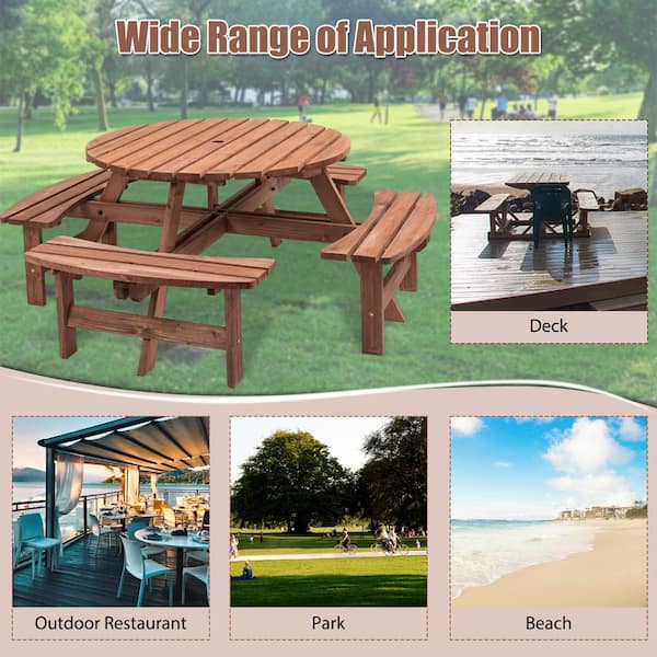 70.07 in. W Brown Solid Wood 8 Person Wooden Picnic Table Garden DIY w/4 Built-in Benches