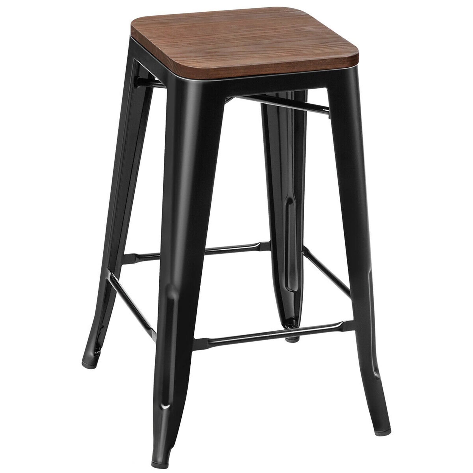 Gymax Set of 4 Counter Height Backless Barstool 26'' Metal Stackable Stool w/Wood Seat