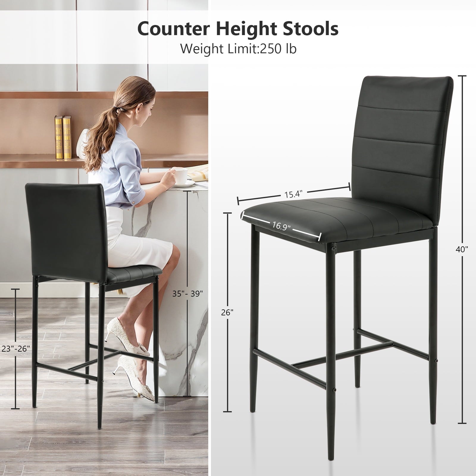 EiweLive Bar Stools Set of 4 PU Leather Counter Height Stools with Back Barstool Pub Chair for Kitchen, Island, Black