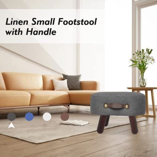 Footstool Ottoman with Handle Linen Curved Small Footstool Ottoman Footrest w...