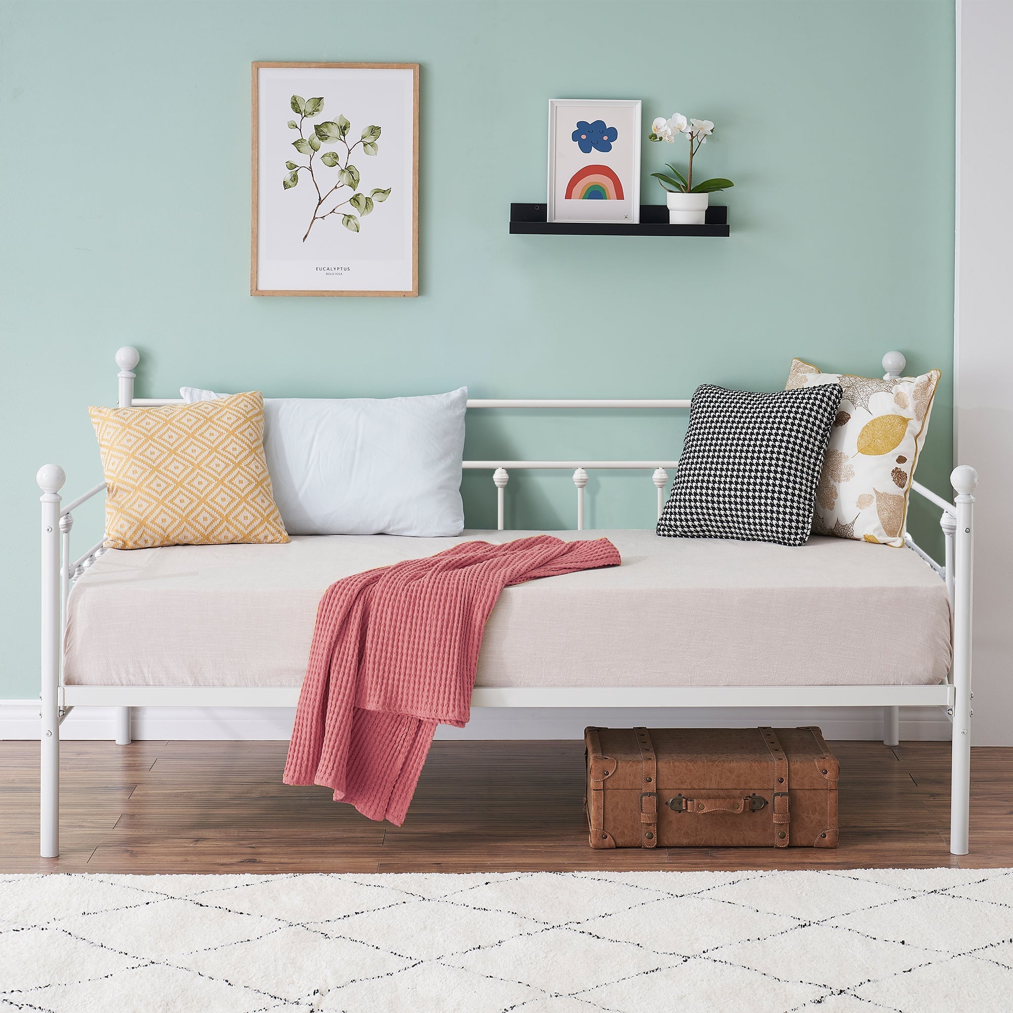 VECELO Twin Size Metal Daybed Frame, Heavy Duty Steel Slats Support, Mattress Foundation Sofa Bed, White