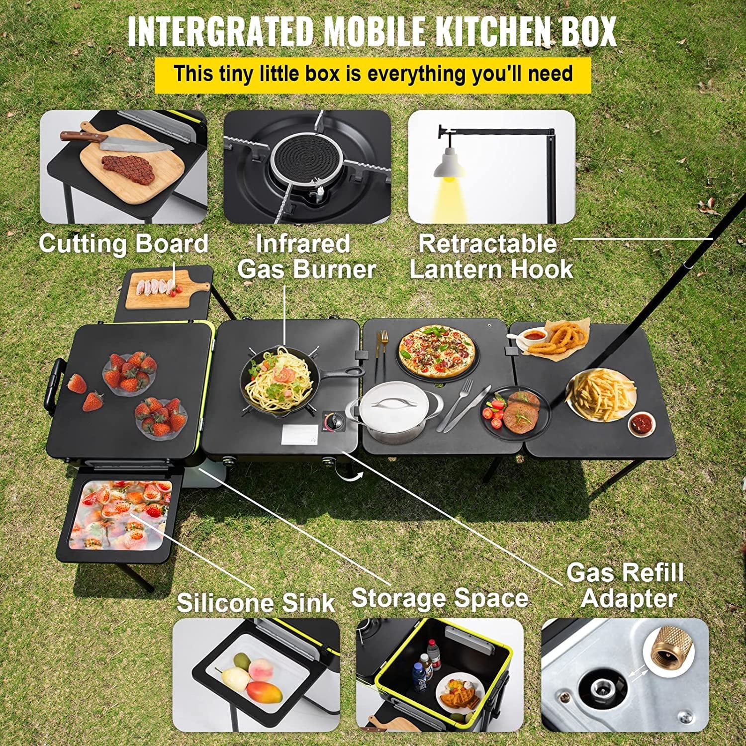 in One Integrated Camping Cooking Station Foldable Outdoor Mobile Kitchen Portable Multifunctional Camp Box w/ Wheels