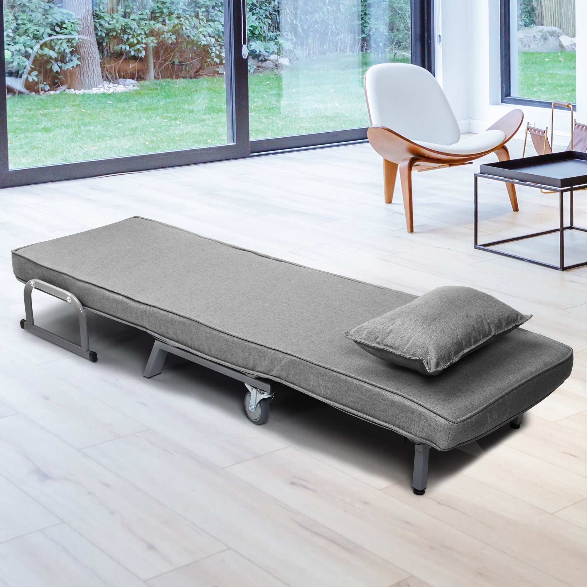 Jaxpety Convertible Sofa Bed Sleeper Arm Chiar, 6-Position Folding Lounge Leisure Recliner W/ Pillow, Gray