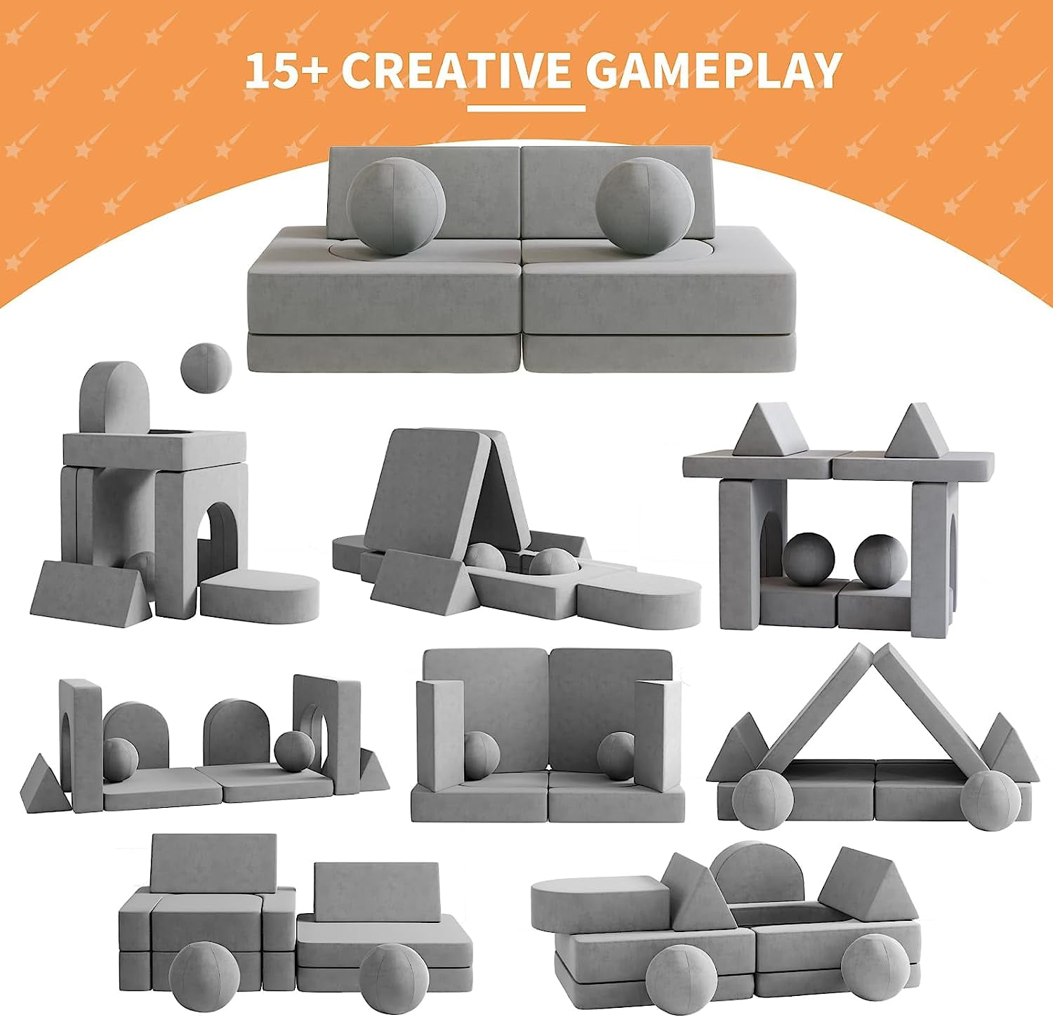 10Pcs Kids Sofa for Bedroom Playroom, Wanan Modular Toddler Couch Fold Out Couch Play Sofa for Boys Girls, Kids Sofa Couch Convertible Sofa Kids Foam Couch, Gray