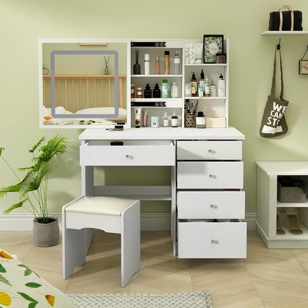 Wood LED Push-Pull Mirror Dresser with 5-Drawers, Stool and 3-Tier Storage Shelves(53.5 H x 39.4 W x 19.7 D in.)