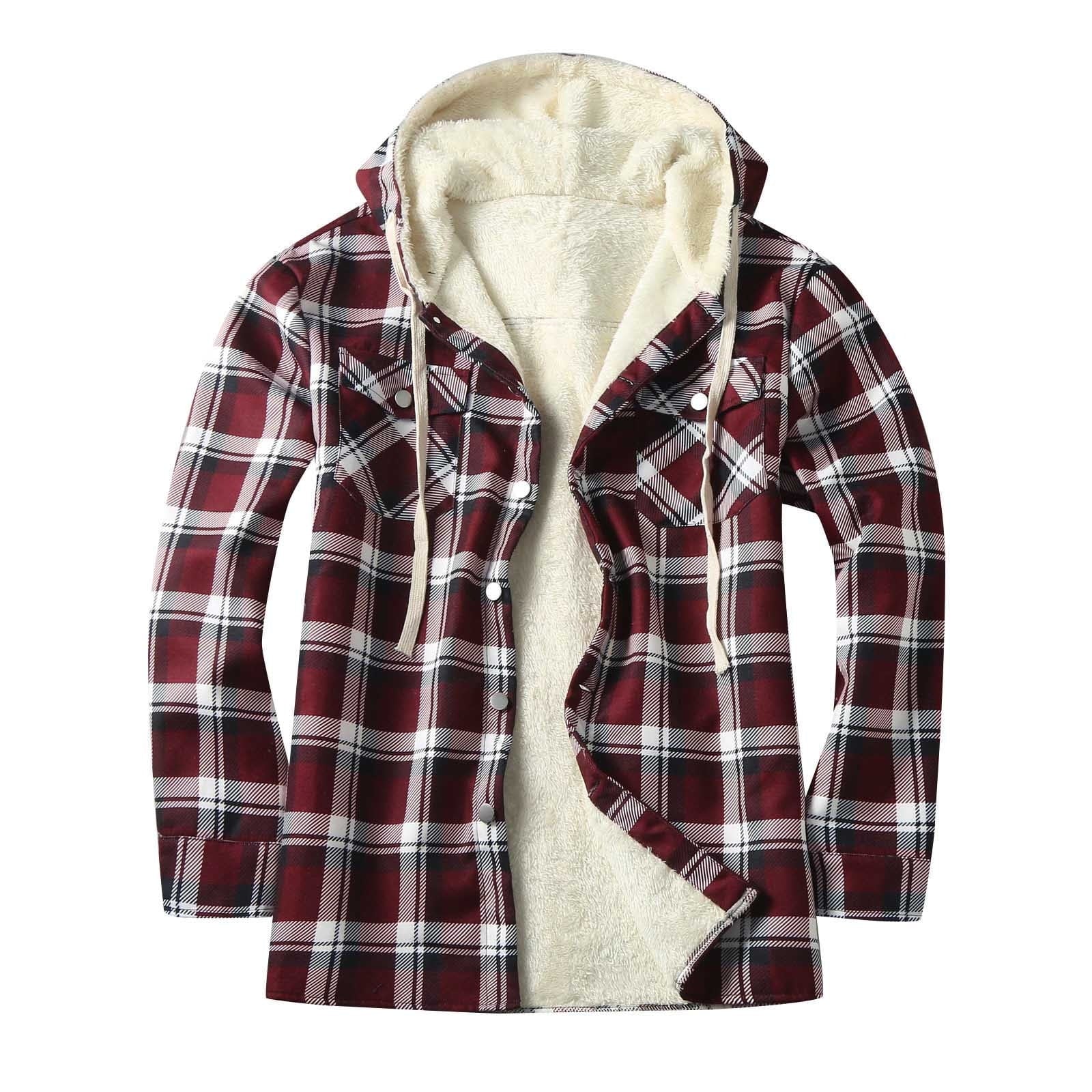 Mens Thermal Sherpa Fleece Lined Flannel Hoodies Button Down Long Sleeve Puffer Jackets Big and Tall Zip Up Plaid Coats