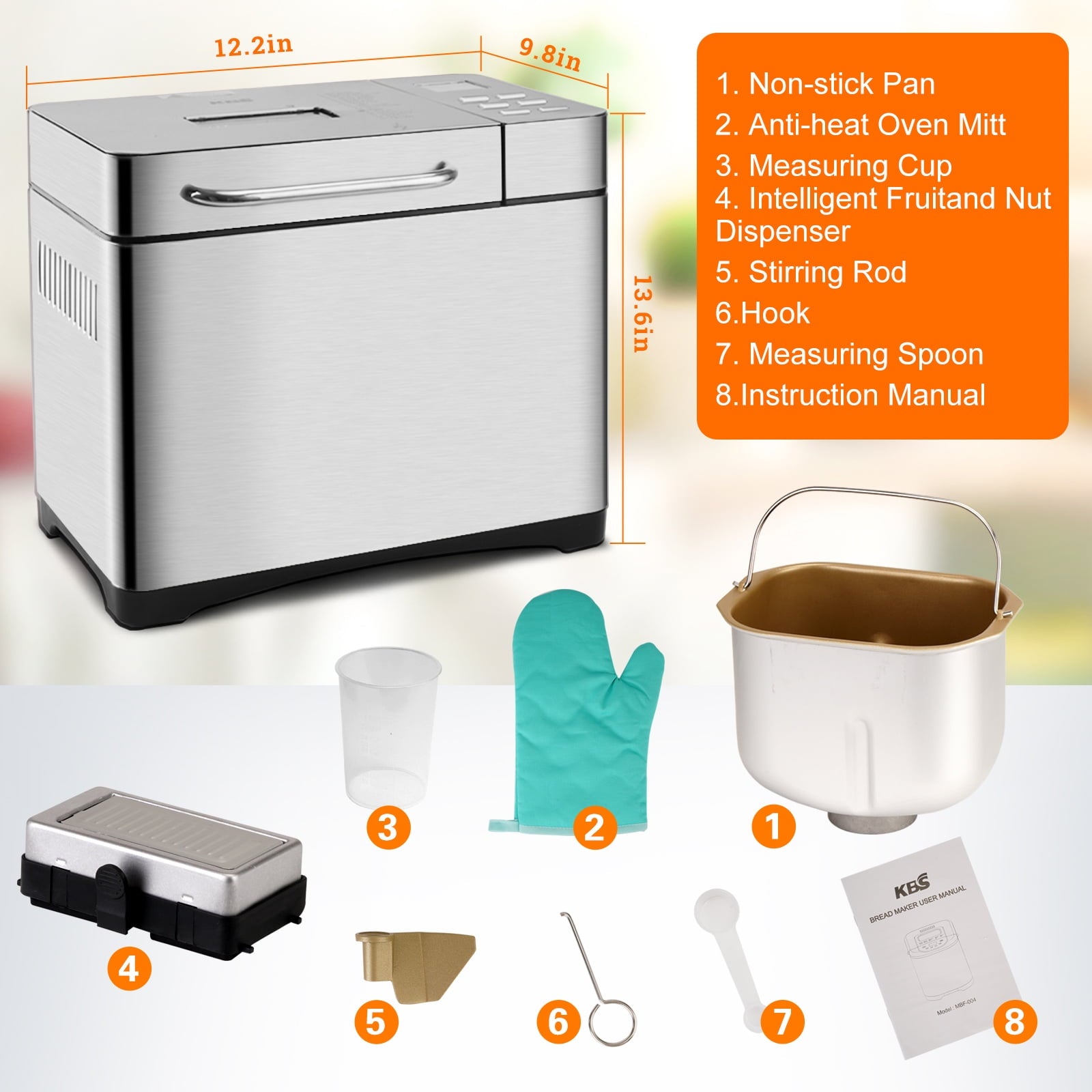 KBS 17-in-1 2LB Bread Maker Machine Fully Automatic LCD Display，Stainless Steel Model# 013