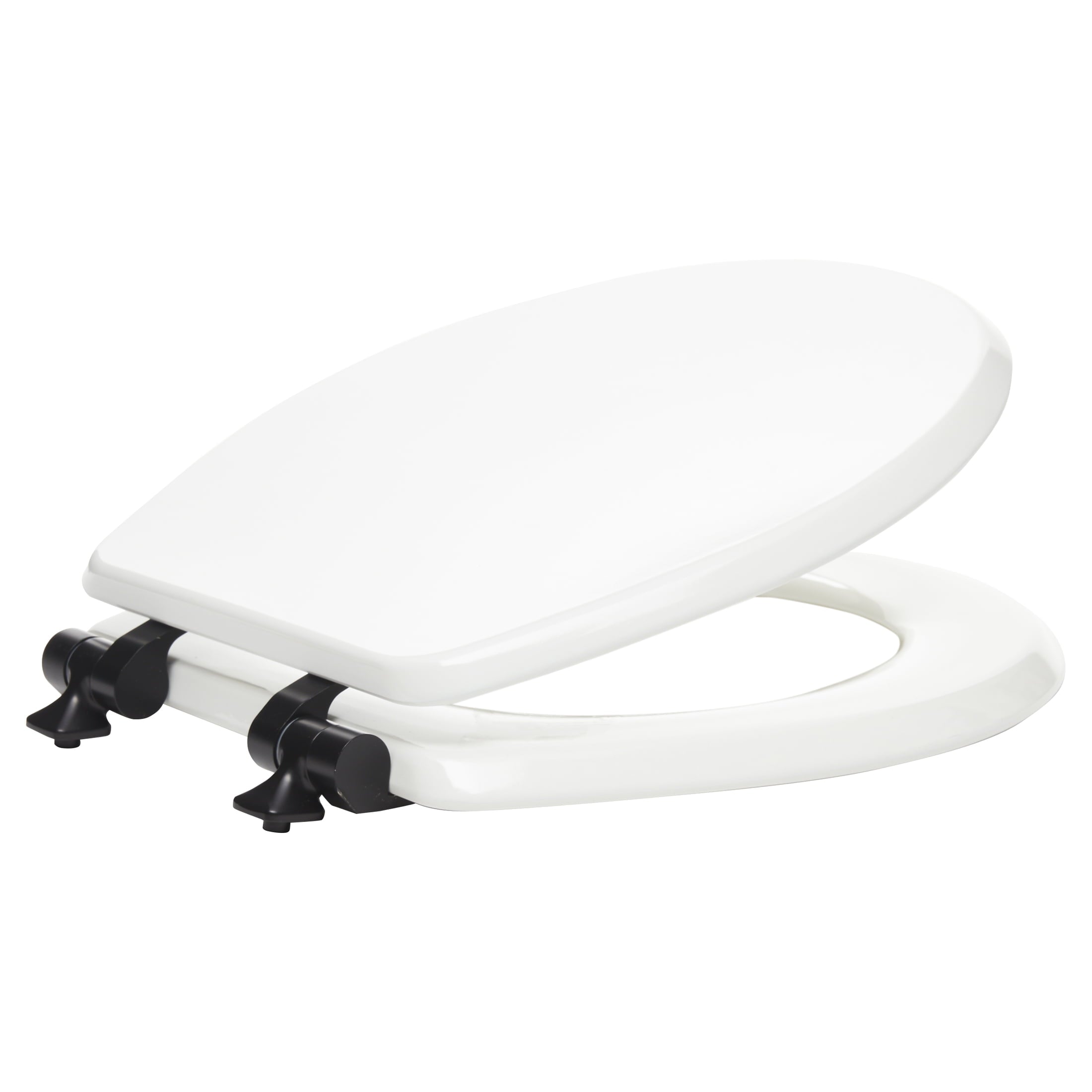 Mayfair Benton? Round Enameled Wood Toilet Seat in White with STA-TITE? Seat Fastening System? and Whisper•Close? Matte Black Metal Hinge