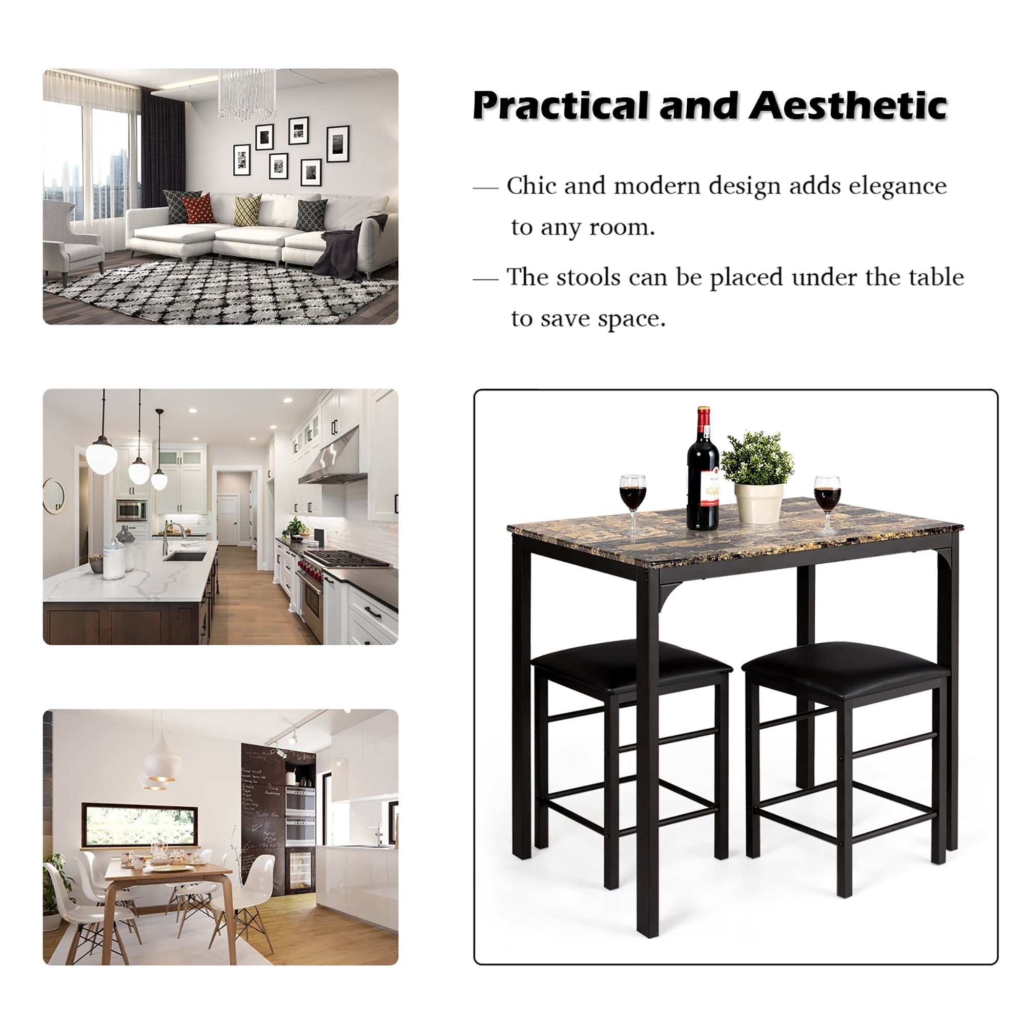 Costway 3 PCS Counter Height Dining Set Faux Marble Table 2 Chairs Kitchen Bar Furniture