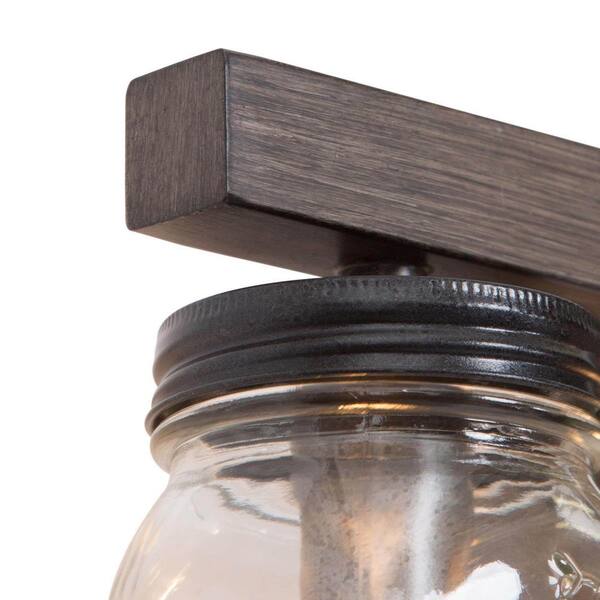 Modern Farmhouse Rust Black 3-Light Bathroom Vanity Light with Textured Faux Wood Accent and Mason Jar Glass Shades