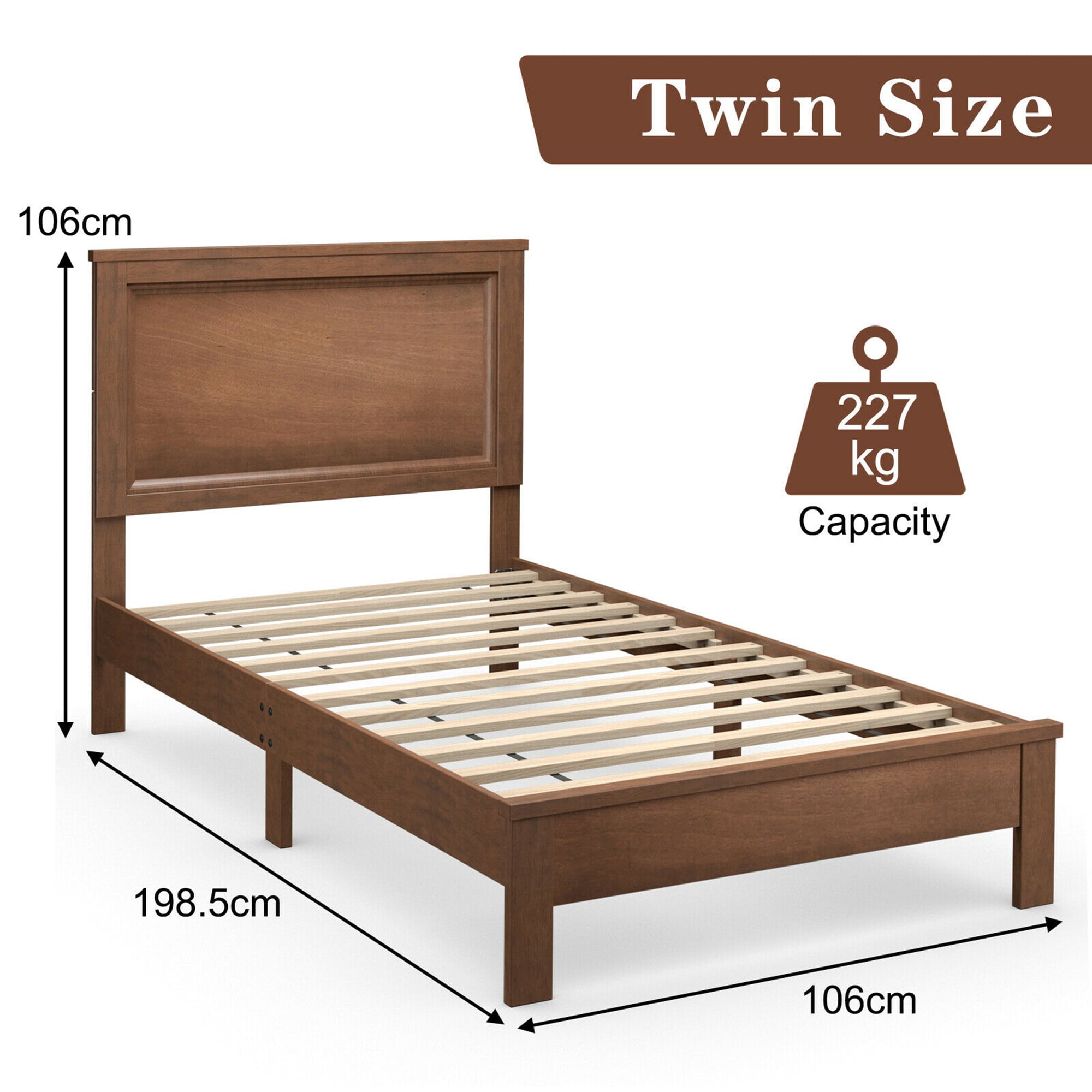 Gymax Twin Size Bed Frame Platform Slat High Headboard Bedroom Rubber Wood Leg Walnut