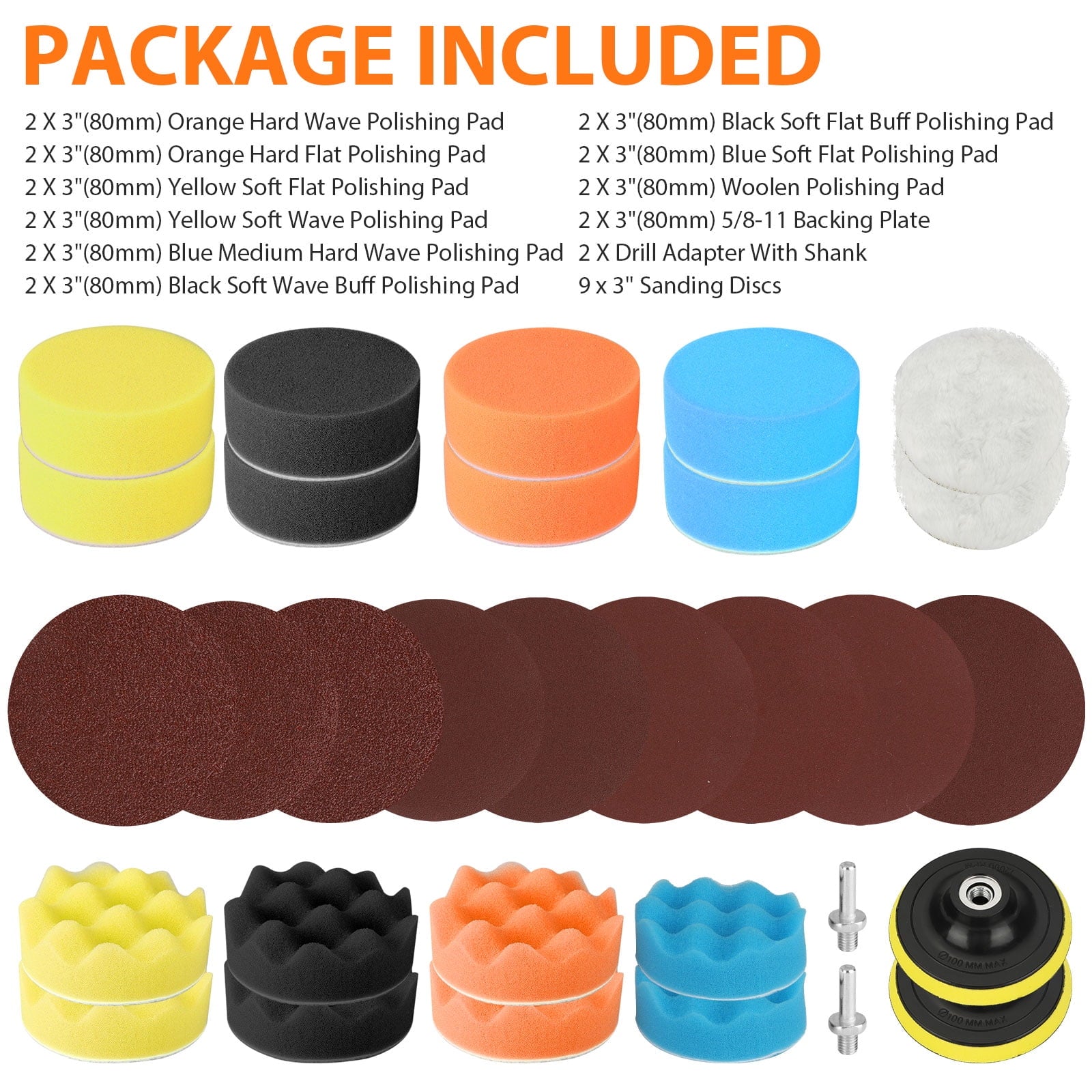 EEEkit 31pcs Car Polishing Sponge Pad Kit, Buffing and Polishing Kit with Waffle Foam,  Wool Grip Pads,  Backing Plates,  Drill Adapter,  Sanding Papers, Threaded Polisher Grip