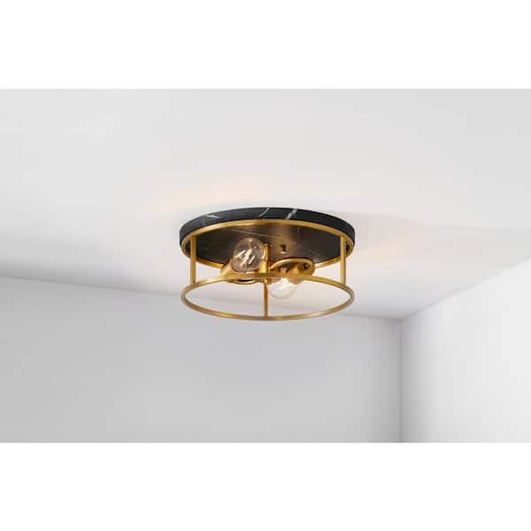 Cogburn 13 in. 2-Light Antique Brass with Black Marbled Base Flush Mount