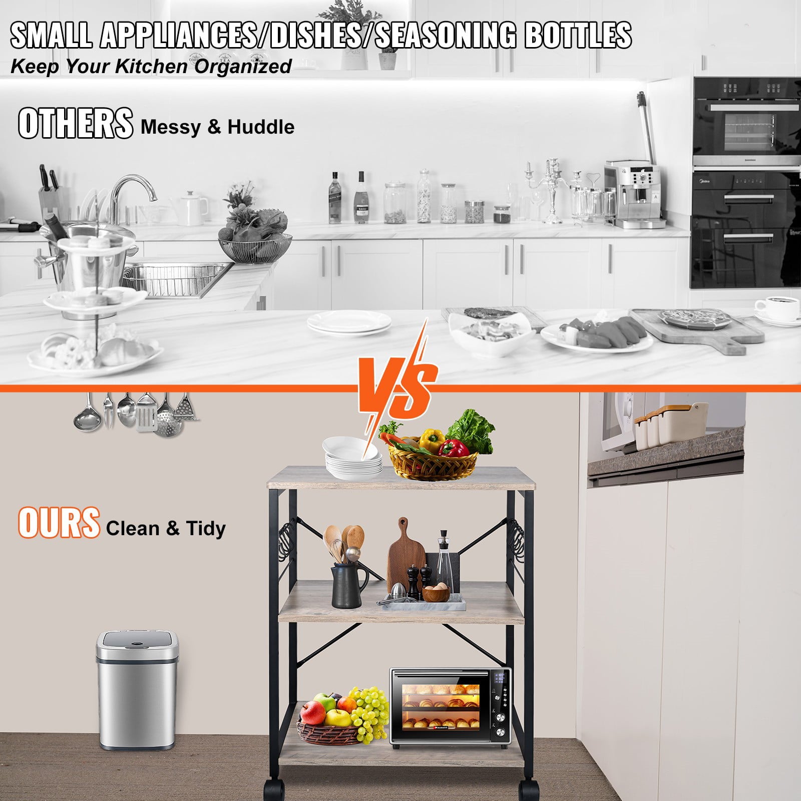 BENTISM 3-Tier Kitchen Bakers Rack Storage Shelf with Cabinet Microwave Oven Stand