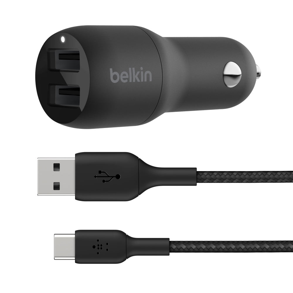 Belkin BOOSTCHARGE 24W Dual-Port USB-A Car Charger + USB C to USB-A Cable, 5ft