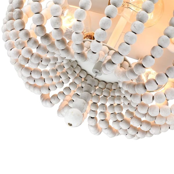 12.6 in. 3-Light Bohemia Antique White Wood Beaded Flush Mount Ceiling Light