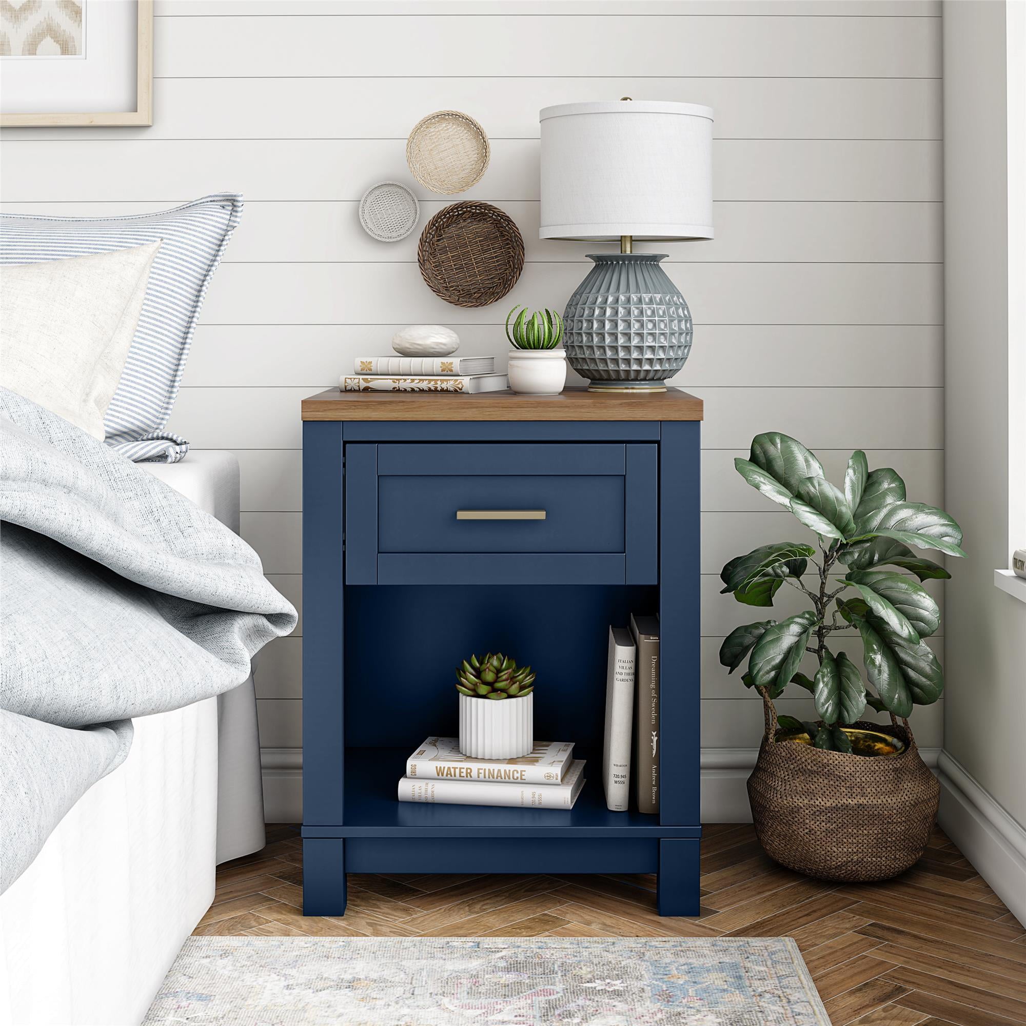 Ameriwood Home Josiah Nightstand, Navy with Walnut top