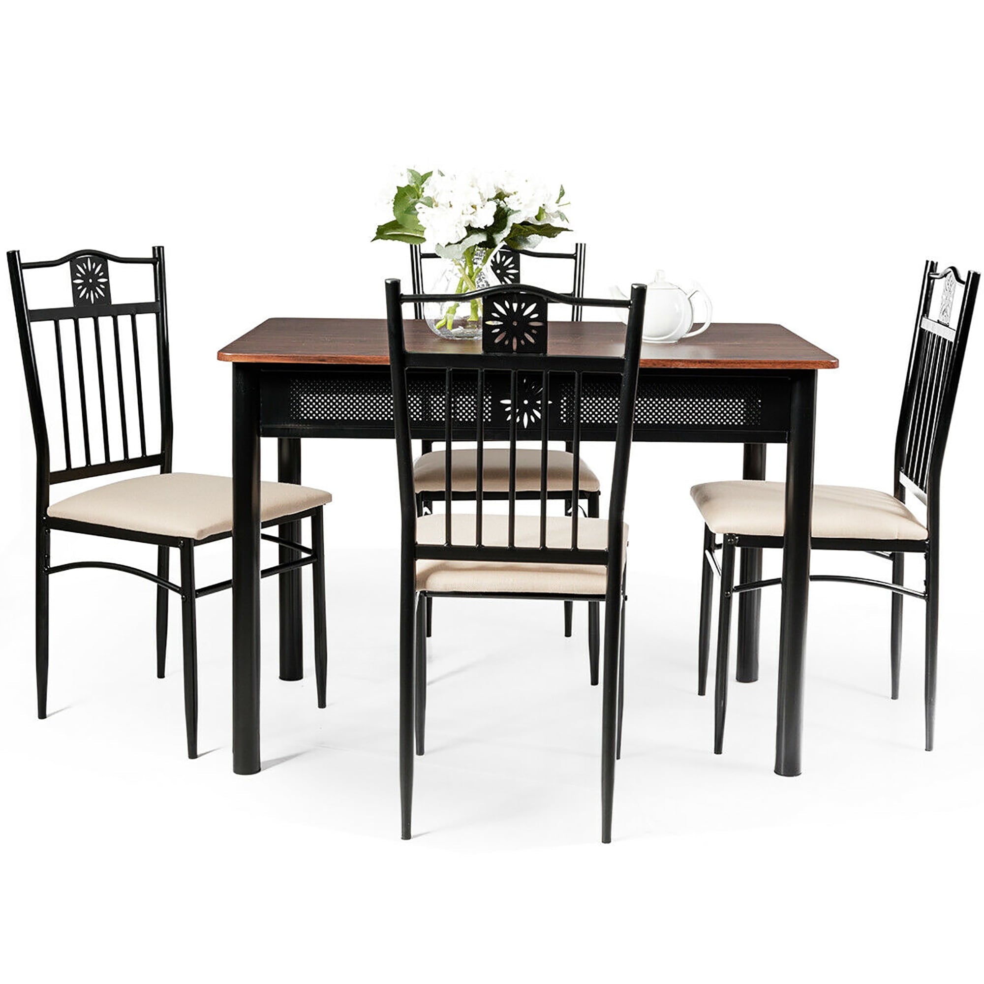 Costway 5 Piece Dining Set Wood Metal Table and 4 Chairs Kitchen Breakfast Furniture