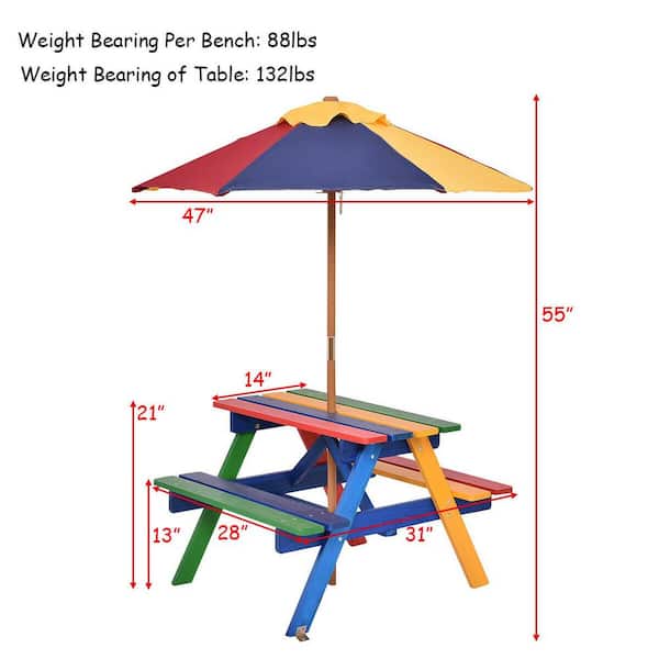Rectangular Wood Kids Picnic Table with Bench and Umbrella (4-Seat)