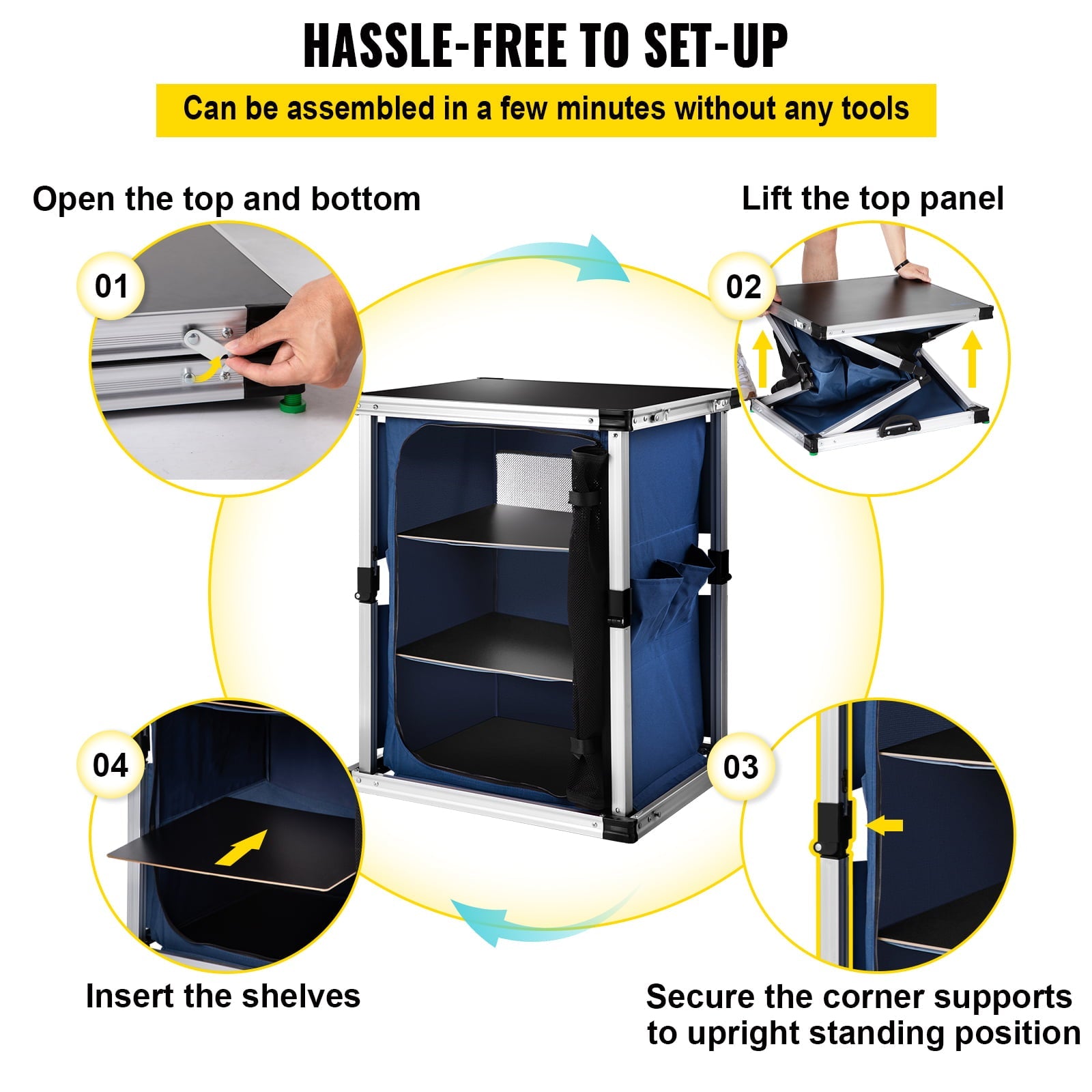 Camping Kitchen Station, Aluminum Portable Folding Cook Table with 3-Tier Storage Organizer, Side Pocket and Carrying Bag, for Outdoor BBQ Party Backyards and Tailgating, Blue