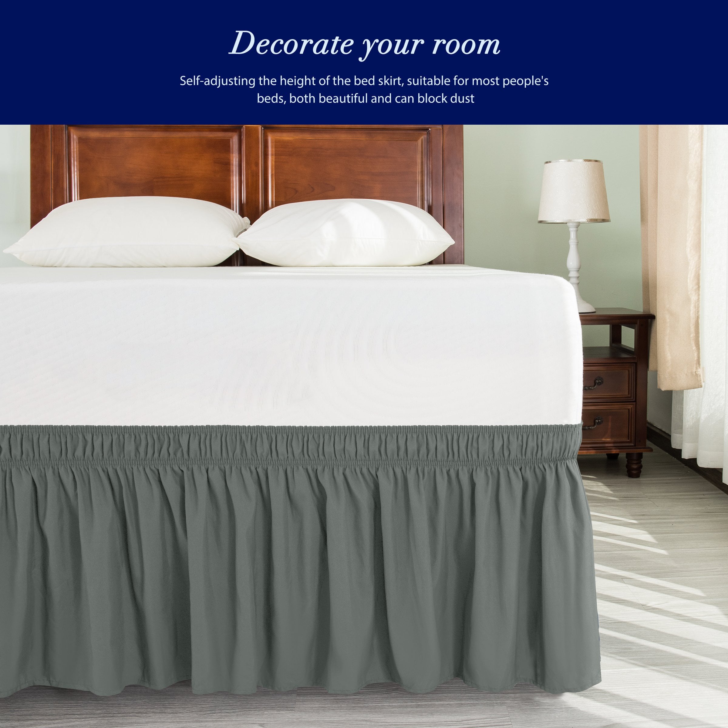 Subrtex Elastic Wrap Around Bed Skirt Dust Ruffle Smooth Soft Bed Frame Cover 15-inch Drop (Twin, Light Gray)