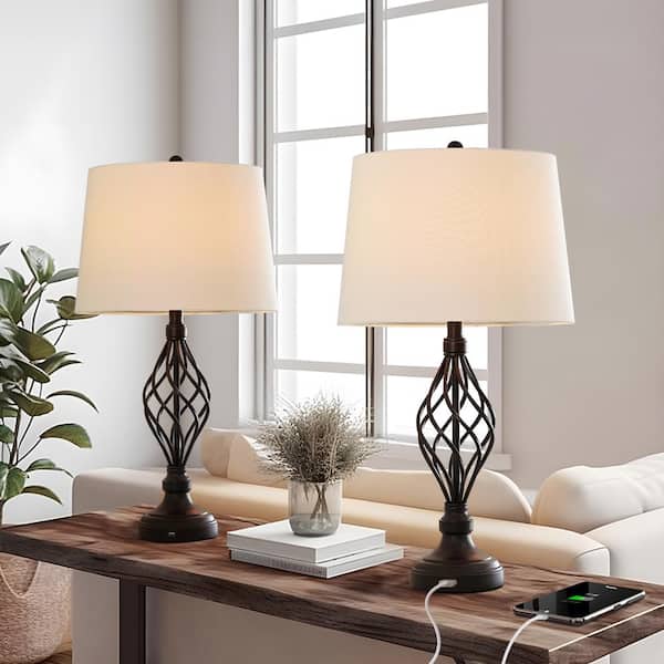 28 in. Bronze USB Table Lamp with White Linen Shade