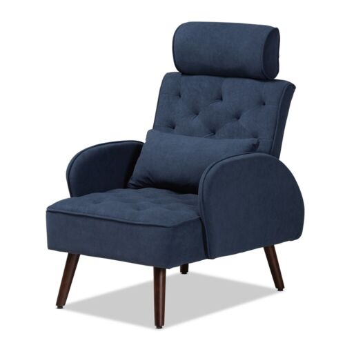 Recliner Chair & Ottoman Set Modern Contemporary Navy Blue Velvet Walnut Finish