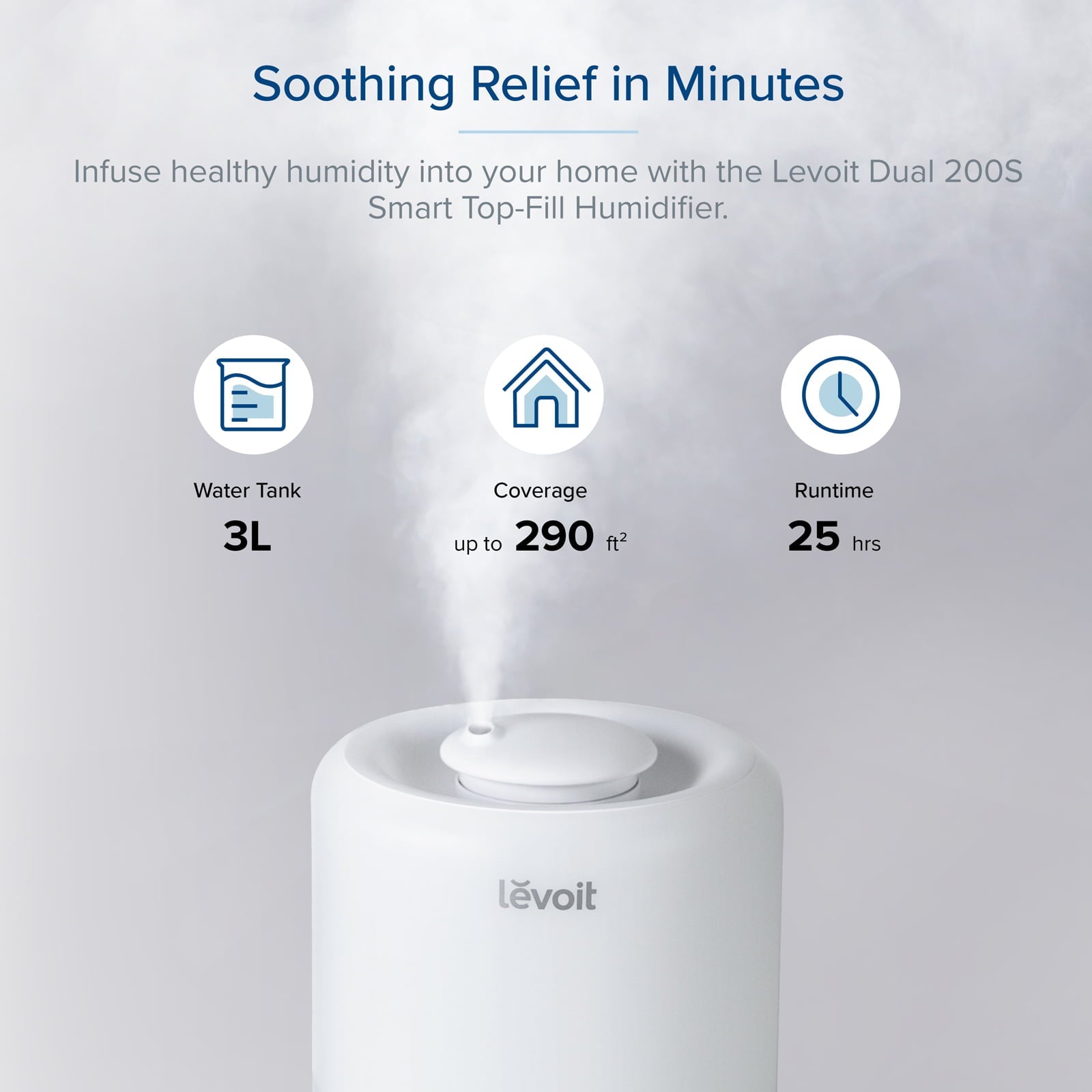 Levoit Smart Cool Mist Humidifier for Rooms, Top-Fill Humidifier for Baby with Sensor, Night Light, 3 Liter, Dual 200S, White