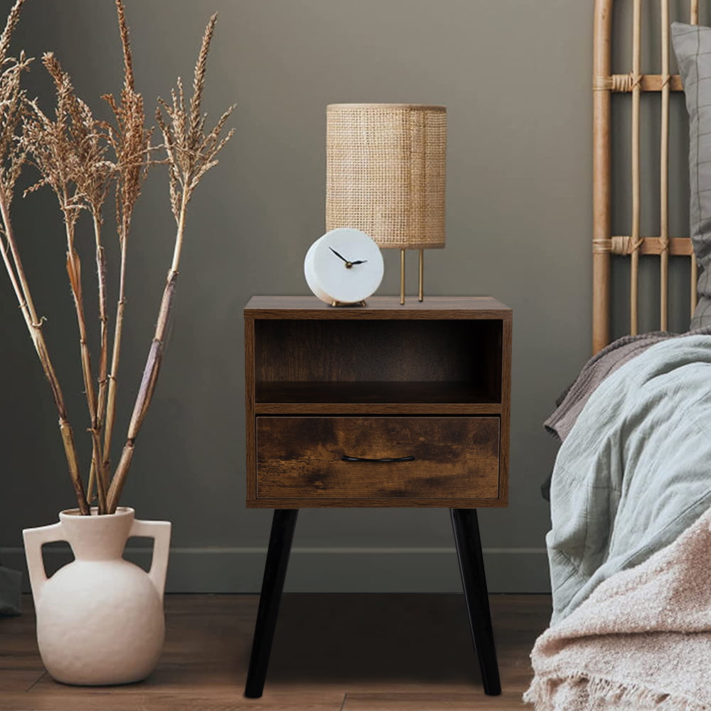 Sesslife Night Stand Set of 2, Solid Metal Legs Furniture Bedside Table, Modern End Side Table with a Drawer and Shelf, Versatile Nightstand for Bedroom Sofa Entryway, Brown